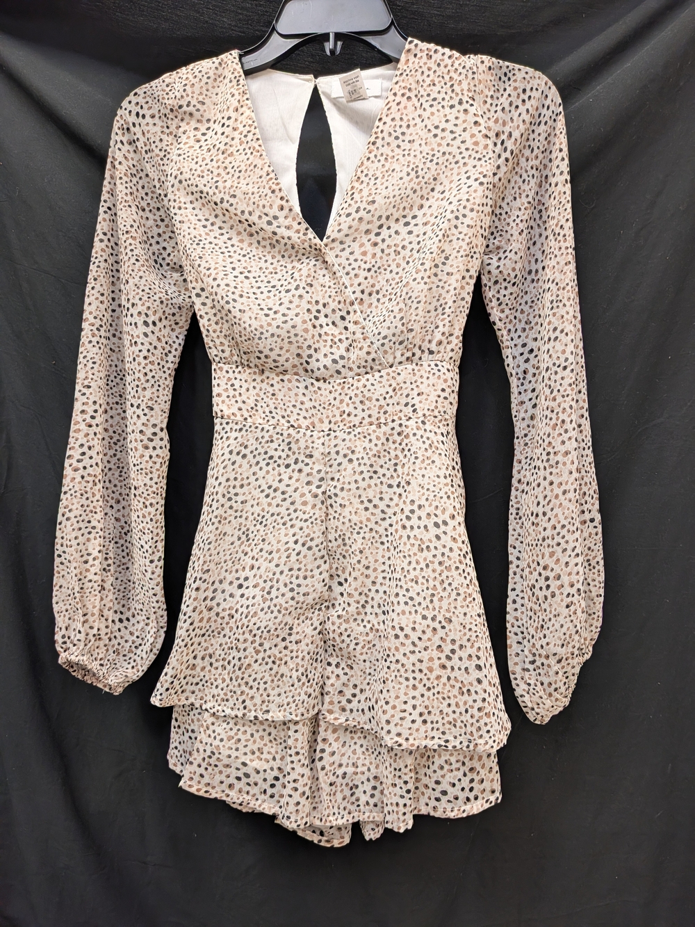 Japna Beige Leopard Print Long Sleeve Romper with Tiered Skirt